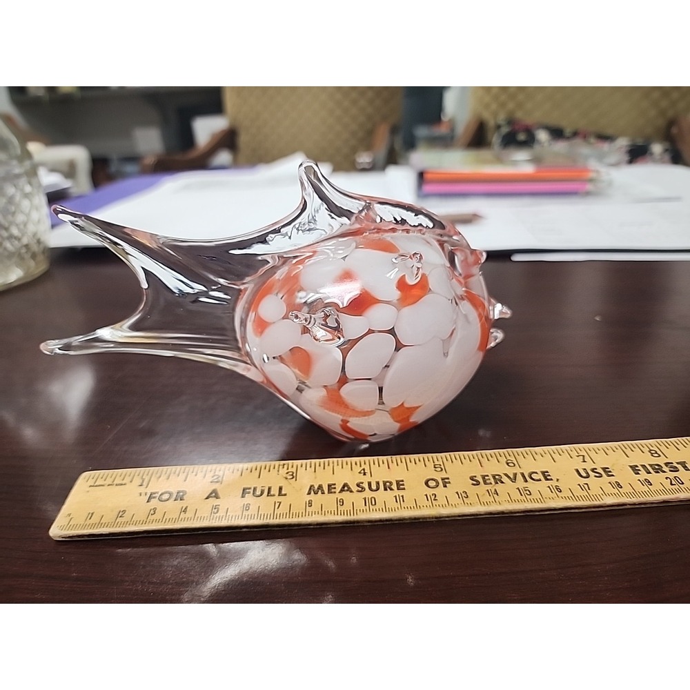Hand Blown Art Glass‎ Paperweight Figurine Fish Orange White Clear EUC